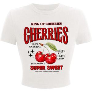 imageWomens Cherry Leopard T Shirts Crew Neck Short Sleeve Graphic Tees Slim Fit Crop TopsWhite and Red