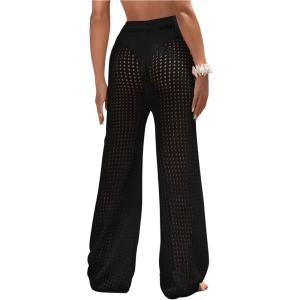 imageWomens Cover Up Beach Pants Hollow Out Drawstring High Elastic Waist Swimsuit Beach Cover Up Pants Black Solid Small