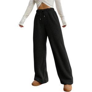 imageWomens Drawstring High Waisted Fuzzy Pants Cozy Wide Leg Casual Lounge TrousersBlack