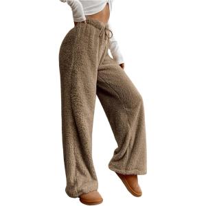 imageWomens Drawstring High Waisted Fuzzy Pants Cozy Wide Leg Casual Lounge TrousersBrown