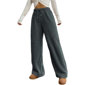 imageWomens Drawstring High Waisted Fuzzy Pants Cozy Wide Leg Casual Lounge TrousersGrey