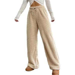 imageWomens Drawstring High Waisted Fuzzy Pants Cozy Wide Leg Casual Lounge TrousersKhaki