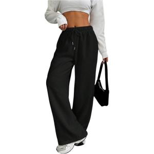 imageWomens Drawstring Waist Wide Leg Pants Trousers Casual Loose Sports SweatpantsBlack