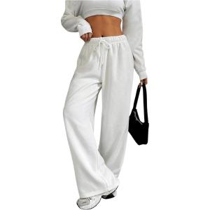 imageWomens Drawstring Waist Wide Leg Pants Trousers Casual Loose Sports SweatpantsWhite