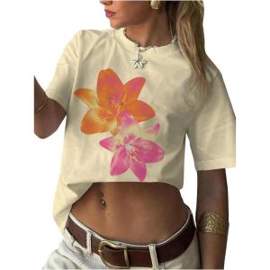 imageWomens Floral Graphic Tees Short Sleeve Crewneck Vintage Cute Tops Summer Tshirts Shirts TrendyApricot