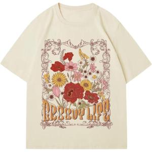 imageWomens Floral Letter Print T Shirt Crew Neck Short Sleeve Drop Shoulder Loose Tee TopsBeige