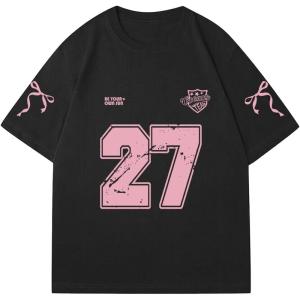 imageWomens Floral Letter Print T Shirt Crew Neck Short Sleeve Drop Shoulder Loose Tee TopsBlack and Pink