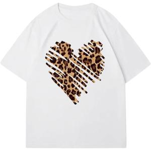 imageWomens Floral Letter Print T Shirt Crew Neck Short Sleeve Drop Shoulder Loose Tee TopsHeart White
