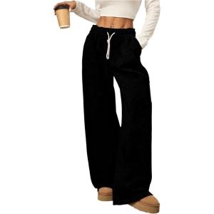 imageWomens Foldover Drawstring High Waisted Sweatpants Wide Leg Split Baggy Workout Trousers PantsBlack