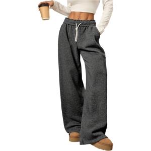imageWomens Foldover Drawstring High Waisted Sweatpants Wide Leg Split Baggy Workout Trousers PantsDark Grey