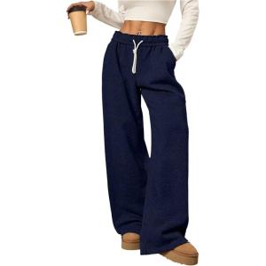 imageWomens Foldover Drawstring High Waisted Sweatpants Wide Leg Split Baggy Workout Trousers PantsDeep Blue