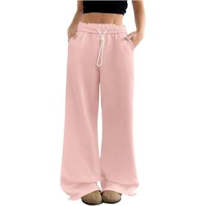 imageWomens Foldover Drawstring High Waisted Sweatpants Wide Leg Split Baggy Workout Trousers PantsPink