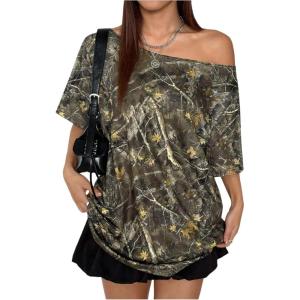 imageWomens Graphic Camo Print One Shoulder TShirts Loose Short Sleeve Tee StreetwearMulticolor