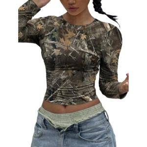 imageWomens Graphic Long Sleeve Tee Shirt Camo Slim Fit Tshirts Going Out Crop TopsMulticolor