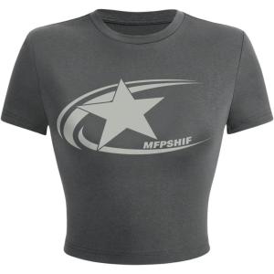 imageWomens Graphic Print Fitted T Shirt Crew Neck Short Sleeve Y2k Crop TopsDark Grey