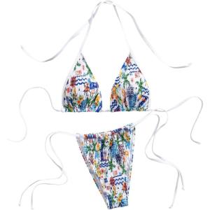 imageWomens Graphic Tropical String Bikini Sets Triangle Halter Tie Side Bathing Suit 2 Piece SwimsuitMulticolor