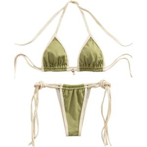 imageWomens Halter String Bikini Set Knot Side Triangle Wireless Bathing Suit Two Piece SwimsuitGreen