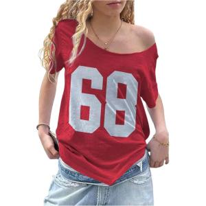 imageWomens Jersey Y2K Graphic One Shoulder Number Print Streetwear T Shirts Short Sleeve Loose Casual Tee TopsRed