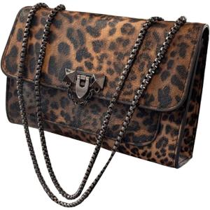 imageWomens Leopard Print Chain Shoulder Bag Metal Buckle Handbags Leather Clutch PurseCoffee Brown