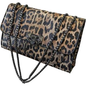 imageWomens Leopard Print Chain Shoulder Bag Metal Buckle Handbags Leather Clutch PurseLight Brown
