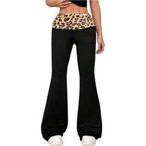 imageWomens Leopard Print Color Block Flare Pants Elastic High Waisted Bell BottomsCheetah Black