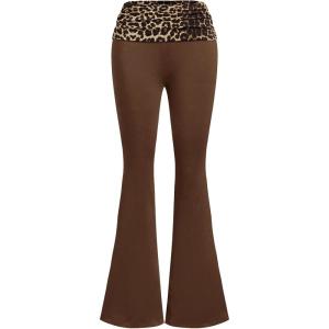 imageWomens Leopard Print Color Block Flare Pants Elastic High Waisted Bell BottomsCoffee Brown