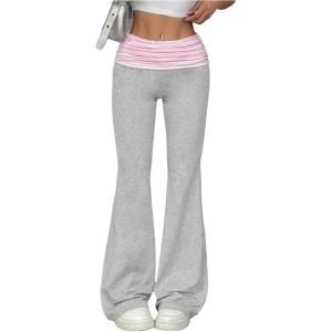 imageWomens Leopard Print Color Block Flare Pants Elastic High Waisted Bell BottomsGrey