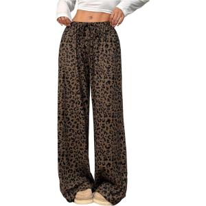 imageWomens Leopard Wide Leg Baggy Pants Drawstring Waist Y2K Sweatpants Casual Long TrousersBrown