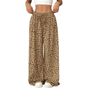 imageWomens Leopard Wide Leg Baggy Pants Drawstring Waist Y2K Sweatpants Casual Long TrousersMocha Brown