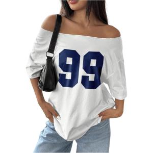 imageWomens Number Print Off Shoulder Jersey Shirt Short Sleeve Loose Graphic TShirtWhite
