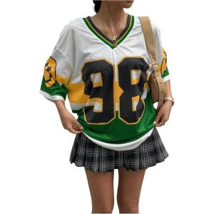 imageWomens Number Print Y2K Jersey Shirts V Neck Half Sleeve Colorblock Tees Casual Drop Shoulder TopsGreen