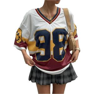 imageWomens Number Print Y2K Jersey Shirts V Neck Half Sleeve Colorblock Tees Casual Drop Shoulder TopsMulticolor