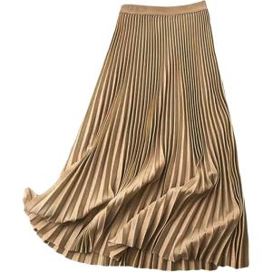 imageWomens Pleated A Line Midi Skirts Elastic Waist Flared Elegant Office Work Flowy SkirtBrown