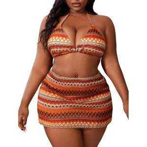 imageWomens Plus Size 3 Piece High Waisted Bikini Sets Boho Halter Bathing Suit with Cover Up SkirtMulticolor