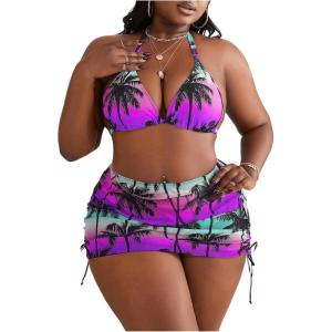 imageWomens Plus Size 4 Piece Swimsuits Tropical Ombre Bathing Suit Sexy Mesh Bikini Set with Cover Up Beach HeadbandPurple