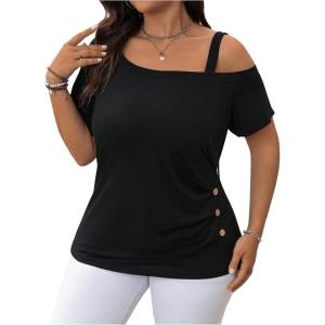 imageWomens Plus Size Asymmetrical Off Shoulder T Shirt Button Ruched Summer Casual Tee TopsBlack
