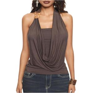 imageWomens Plus Size Beaded Halter Top Sleeveless Slim Fit Draped Ruched Y2K TopsBrown