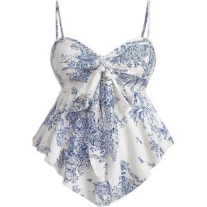 imageWomens Plus Size Boho Camisole Tops Tie Front Ruffle Hem Spaghetti Strap Tank TopWhite and Blue