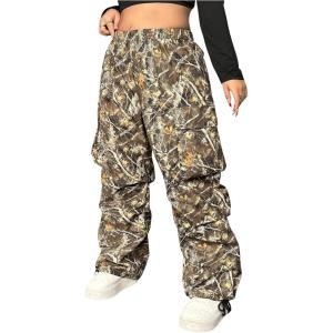 imageWomens Plus Size Camo Cargo Pants Wide Leg Elastic Waist Long Trousers Streetwear with PocketArmy Green