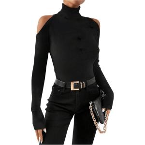 imageWomens Plus Size Cold Shoulder Turtleneck T Shirts Long Sleeve Slim Fit Tee TopBlack