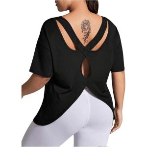 imageWomens Plus Size Cut Out Criss Cross Back Tee Open Back Short Sleeve Crew Neck Athletic Workout TopsBlack