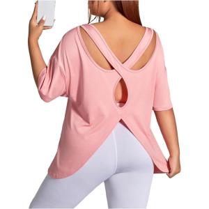 imageWomens Plus Size Cut Out Criss Cross Back Tee Open Back Short Sleeve Crew Neck Athletic Workout TopsLight Pink
