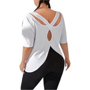 imageWomens Plus Size Cut Out Criss Cross Back Tee Open Back Short Sleeve Crew Neck Athletic Workout TopsWhite