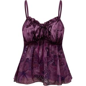 imageWomens Plus Size Graphic Ruffle Hem Camisole Tops Tie Front Spaghetti Strap Y2K Peplum TopPurple