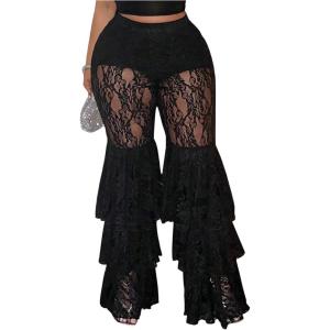 imageWomens Plus Size Lace Layered Ruffle Pants Sheer Mesh Tiered Party Skinny Leggings Rave TrousersBlack