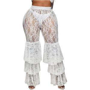 imageWomens Plus Size Lace Layered Ruffle Pants Sheer Mesh Tiered Party Skinny Leggings Rave TrousersWhite