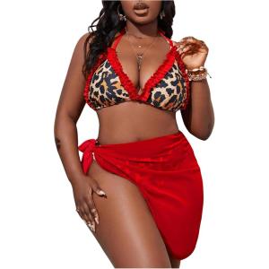 imageWomens Plus Size Leopard Frill Bathing Suit Halter High Waisted Bikini with Knot Beach Skirt Cover UpRed and Brown