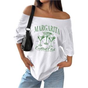 imageWomens Plus Size Off The Shoulder Graphic Tees Y2K Half Sleeve Baggy ShirtsWhite