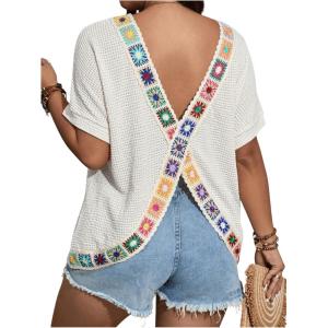 imageWomens Plus Size Open Back Embroidered T Shirt Boho Short Sleeve Crew Neck Textured Tee TopsBeige