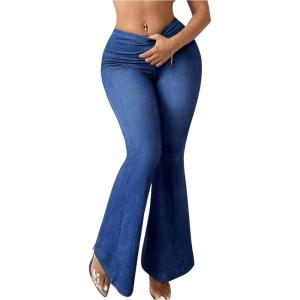 imageWomens Plus Size Skinny Flare Pants High Waisted Denim Print Bell Bottoms Long TrousersBlue